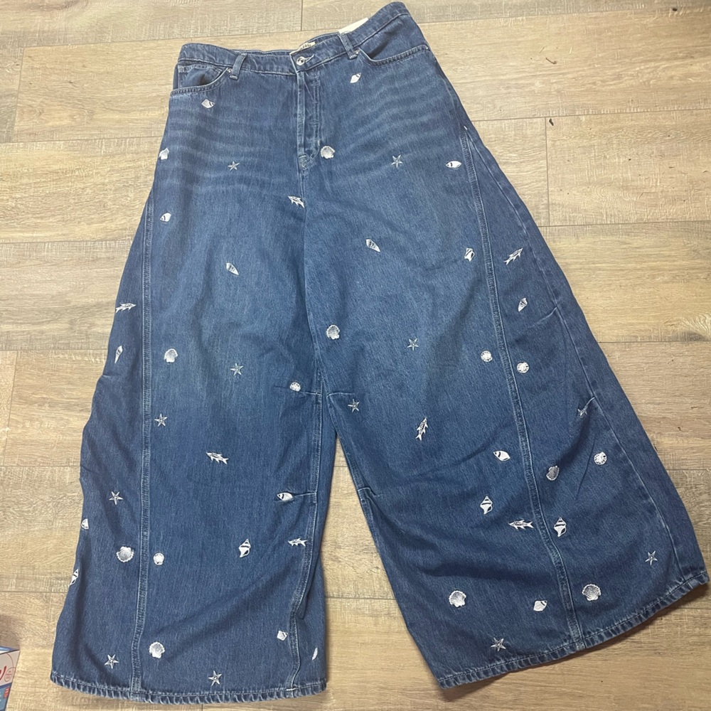 Free People Westward “Under the Sea” Embroidered Wide Barrel Jeans - Picture 2 of 7